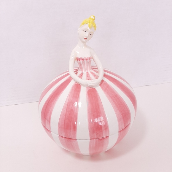 Porcelain Ballerina Covered Candy Dish Pink White